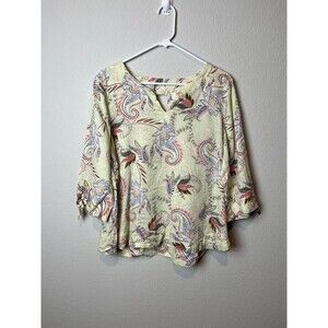 J Jill Love Linen Shirt Womens Petite Medium Yellow Floral Paisley 3/4 Sleeve